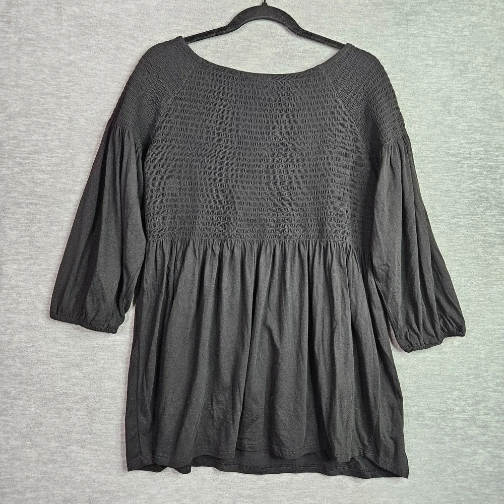 J Jill Womens Tunic Top M Black Smocked Peasant Boho 3/4 Sleeve